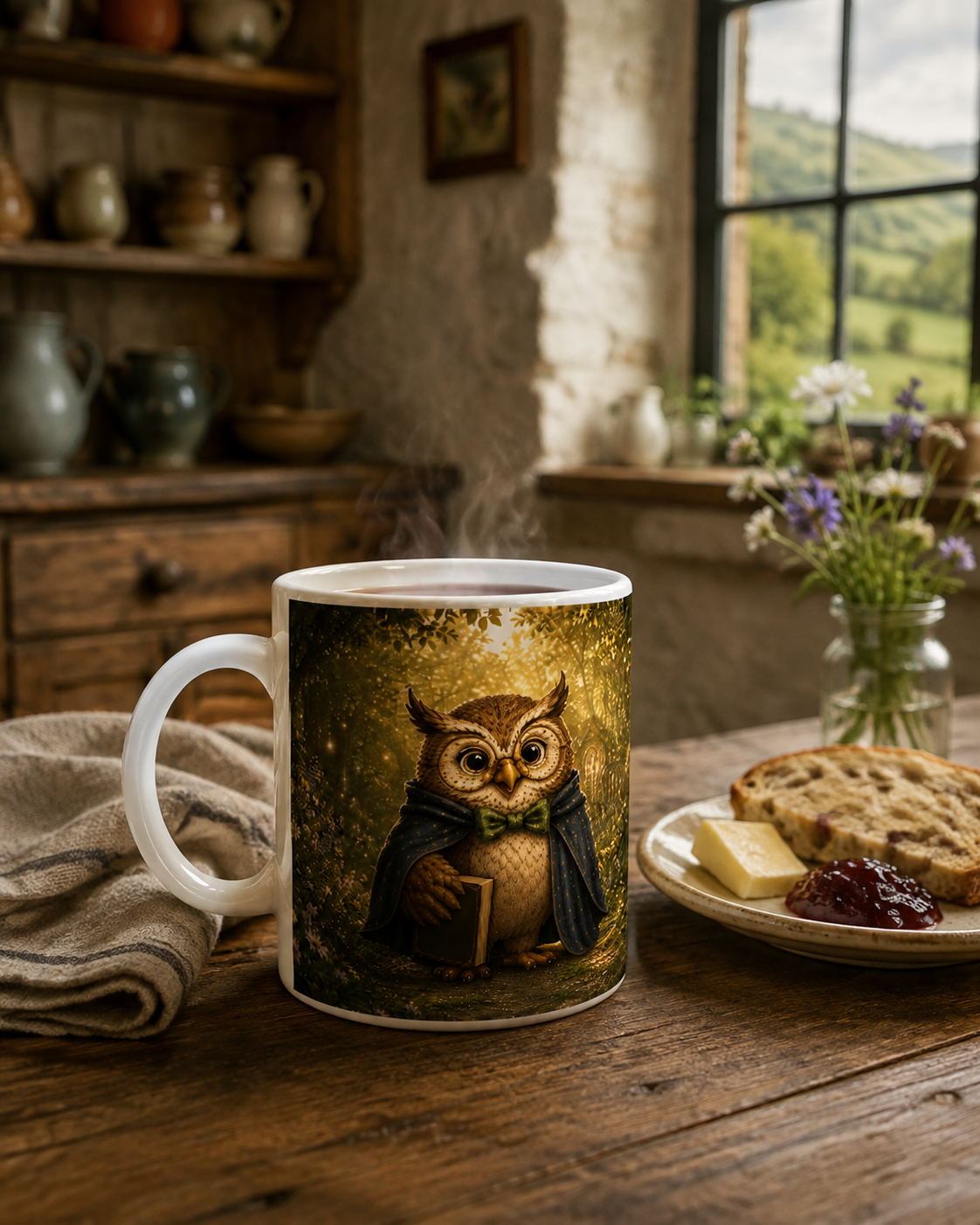 Goldhain Professor Eule Charaktertasse mit Eulenmotiv auf einem rustikalen Küchentisch beim Frühstück mit Brot, Butter und Marmelade in einem irischen Cottage