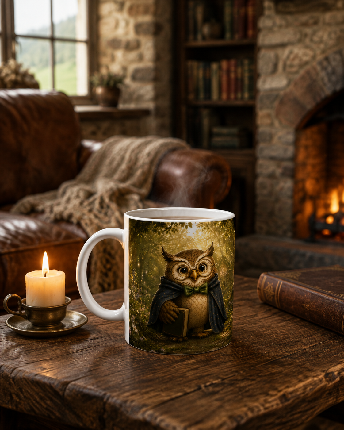 Goldhain Professor Eule Charaktertasse mit Eulenmotiv auf einem rustikalen Holztisch mit Kerze, Ledersessel, Bücherregal und Kamin in einem irischen Cottage 