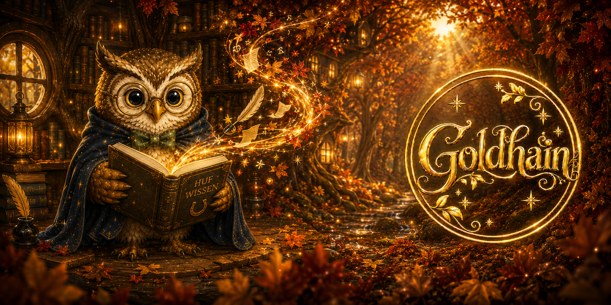Goldhain Herbsttasse Collector’s Edition mit Professor Eule und seinem Buch Huf Wissen, umgeben von einem magischen Wirbel aus goldenen Buchseiten, Federn und Herbstlaub neben dem metallischen Goldhain-Badge. 