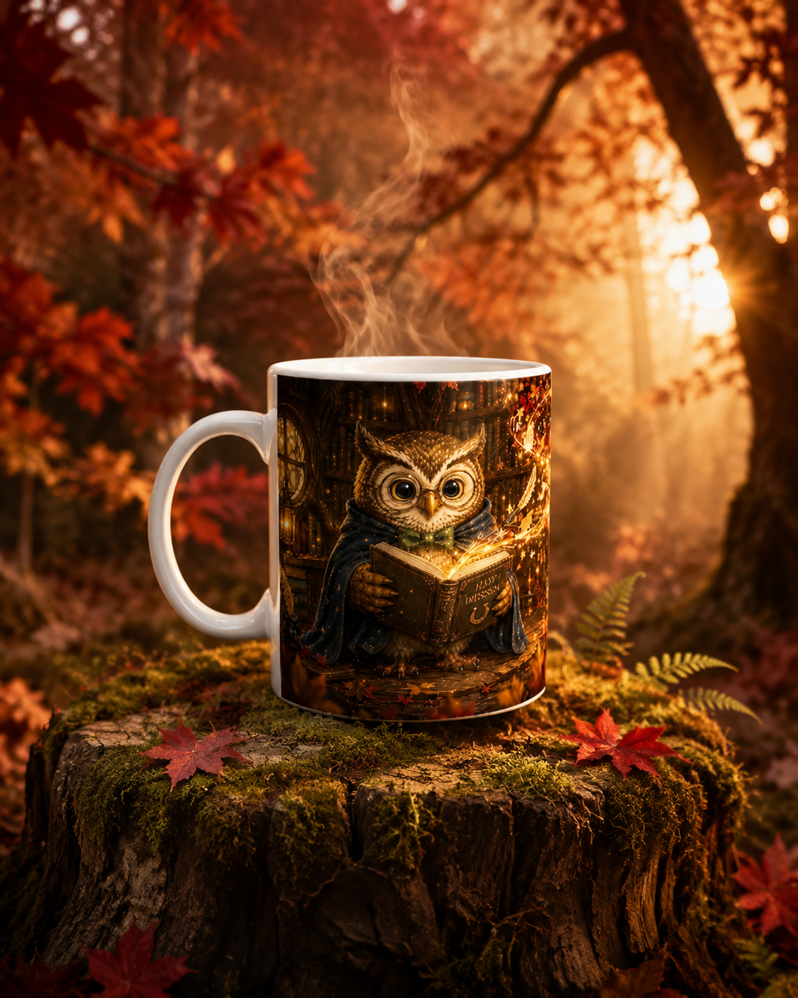 Dampfende Goldhain Professor Eule Herbsttasse mit lesender Eule auf einem moosbewachsenen Baumstumpf im rotgoldenen Herbstwald