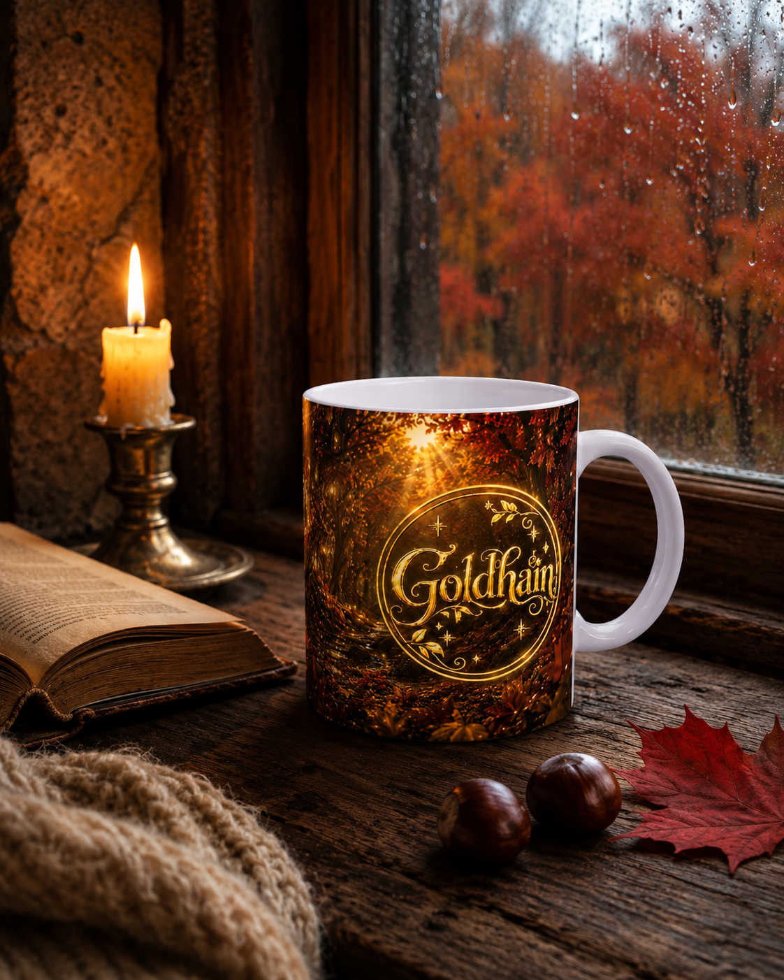Goldhain Professor Eule Herbsttasse mit goldenem Goldhain-Badge am regennassen Cottage-Fenster mit Kerze, altem Buch, Wolldecke und Kastanien.