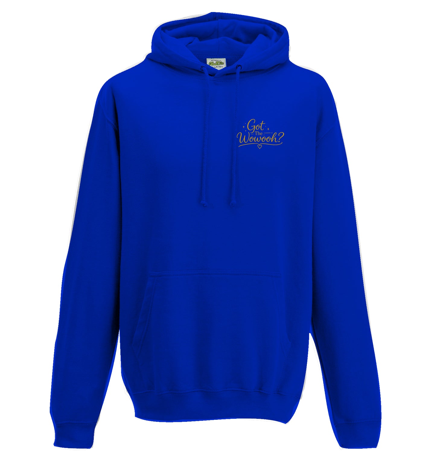 blauer Unisex-Hoodie von Hoofphysics mit kleinem goldfarbenem Got-the-Wowooh-Motiv auf der Brust