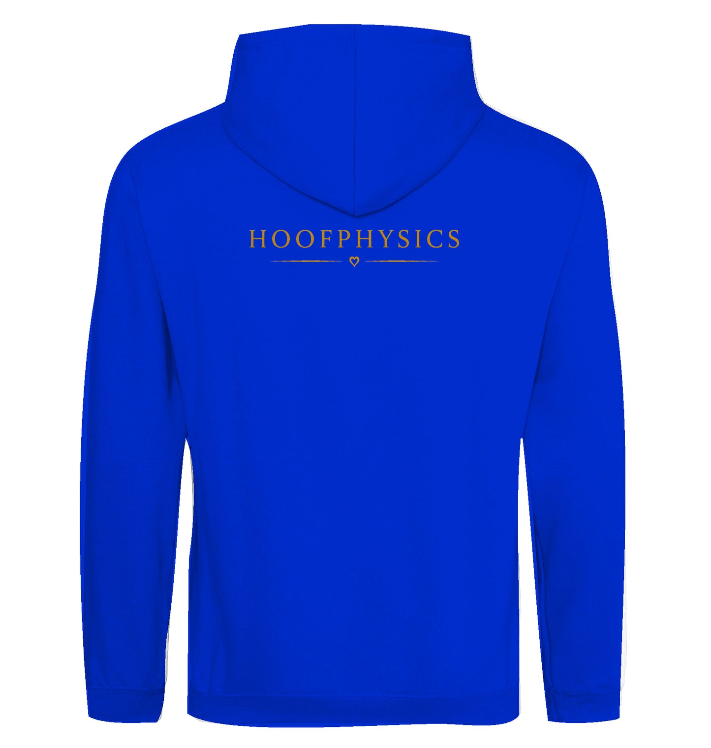 Blauer Unisex-Hoodie von Hoofphysics mit großem goldfarbenem Hoofphysics-Motiv auf dem Rücken