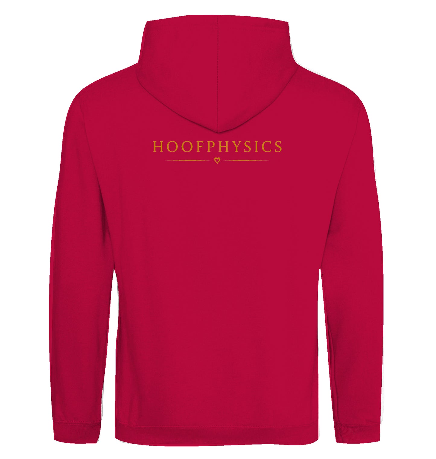 Burgunderroter Unisex-Hoodie von Hoofphysics mit großem goldfarbenem Hoofphysics-Motiv auf dem Rücken