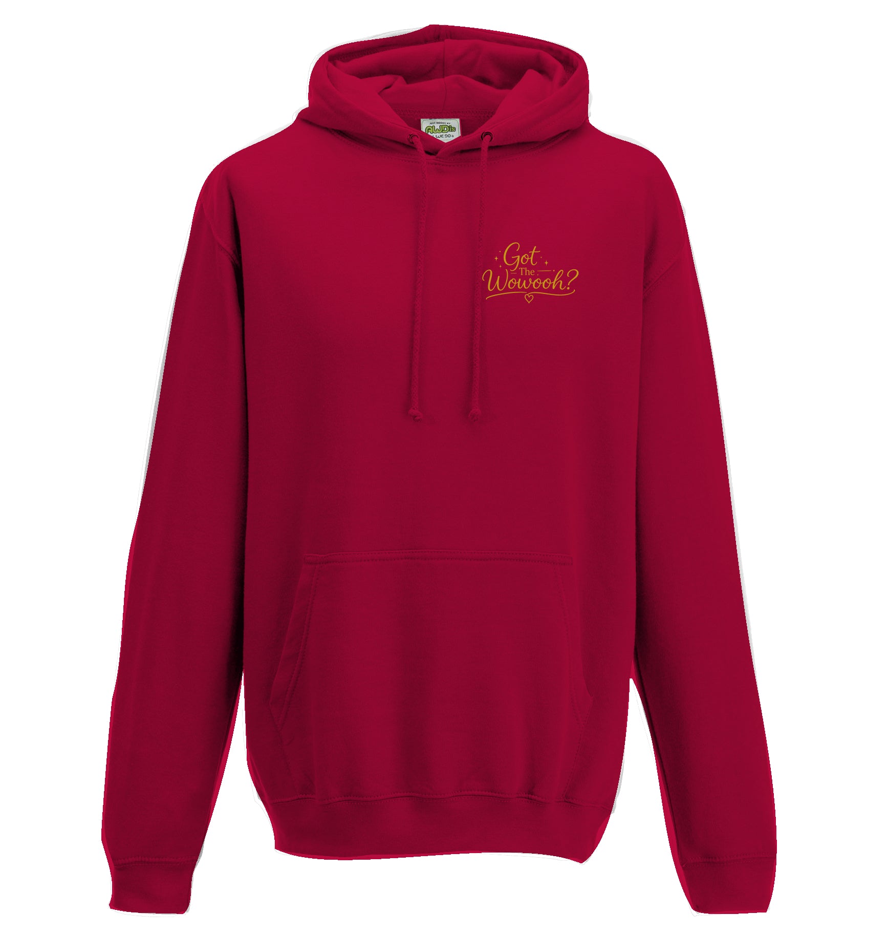Burgunderroter Unisex-Hoodie von Hoofphysics mit kleinem goldfarbenem Got-the-Wowooh-Motiv auf der Brust