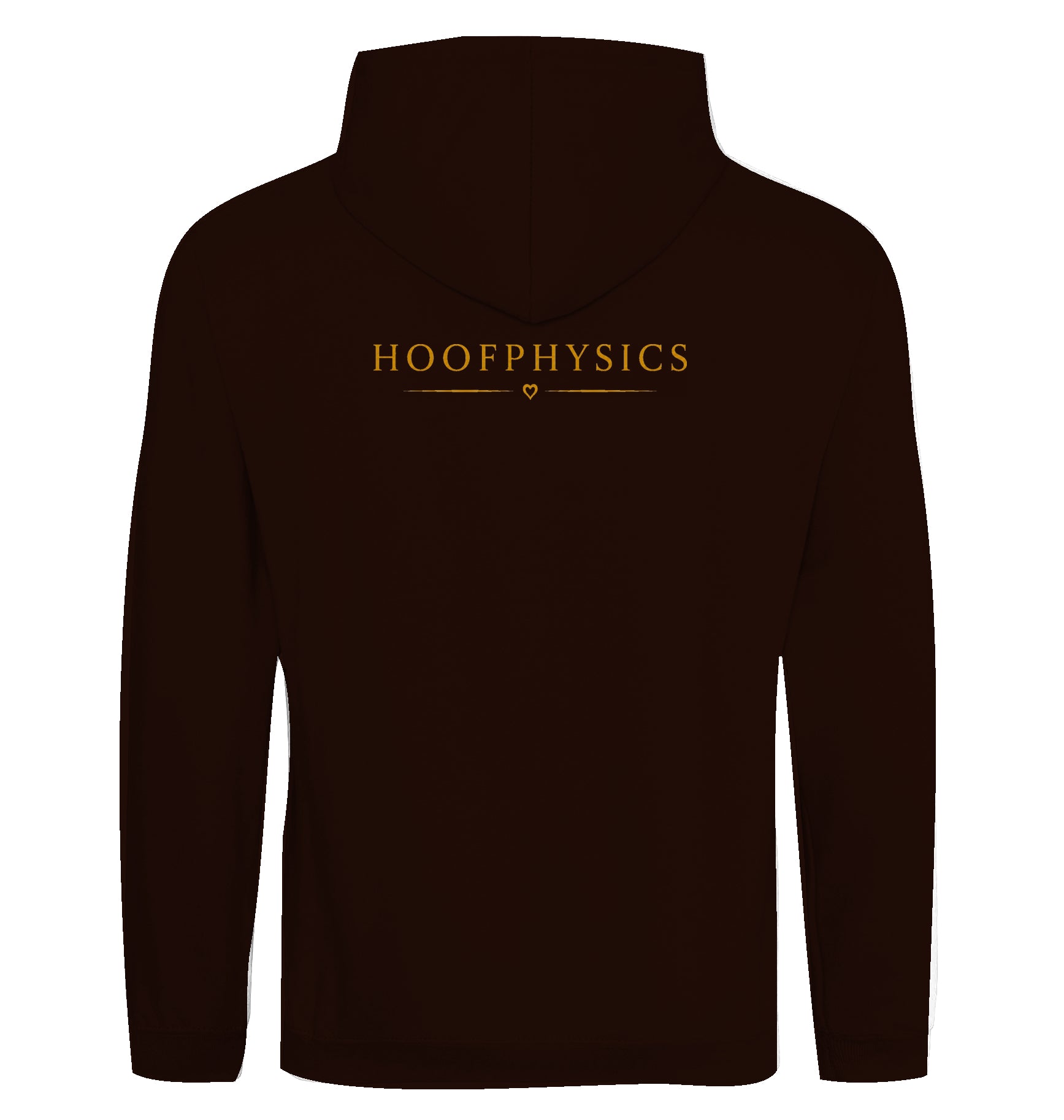 Schokoladen brauner Unisex-Hoodie von Hoofphysics mit großem goldfarbenem Hoofphysics-Motiv auf dem Rücken