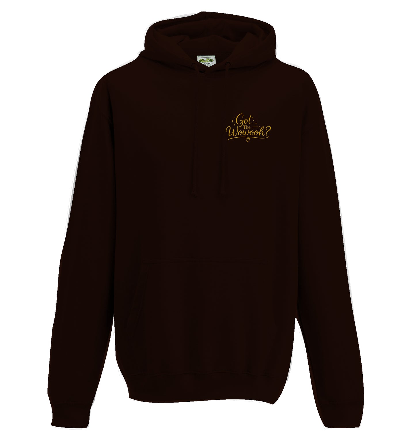Schokoladen brauner Unisex-Hoodie von Hoofphysics mit kleinem goldfarbenem Got-the-Wowooh-Motiv auf der Brust