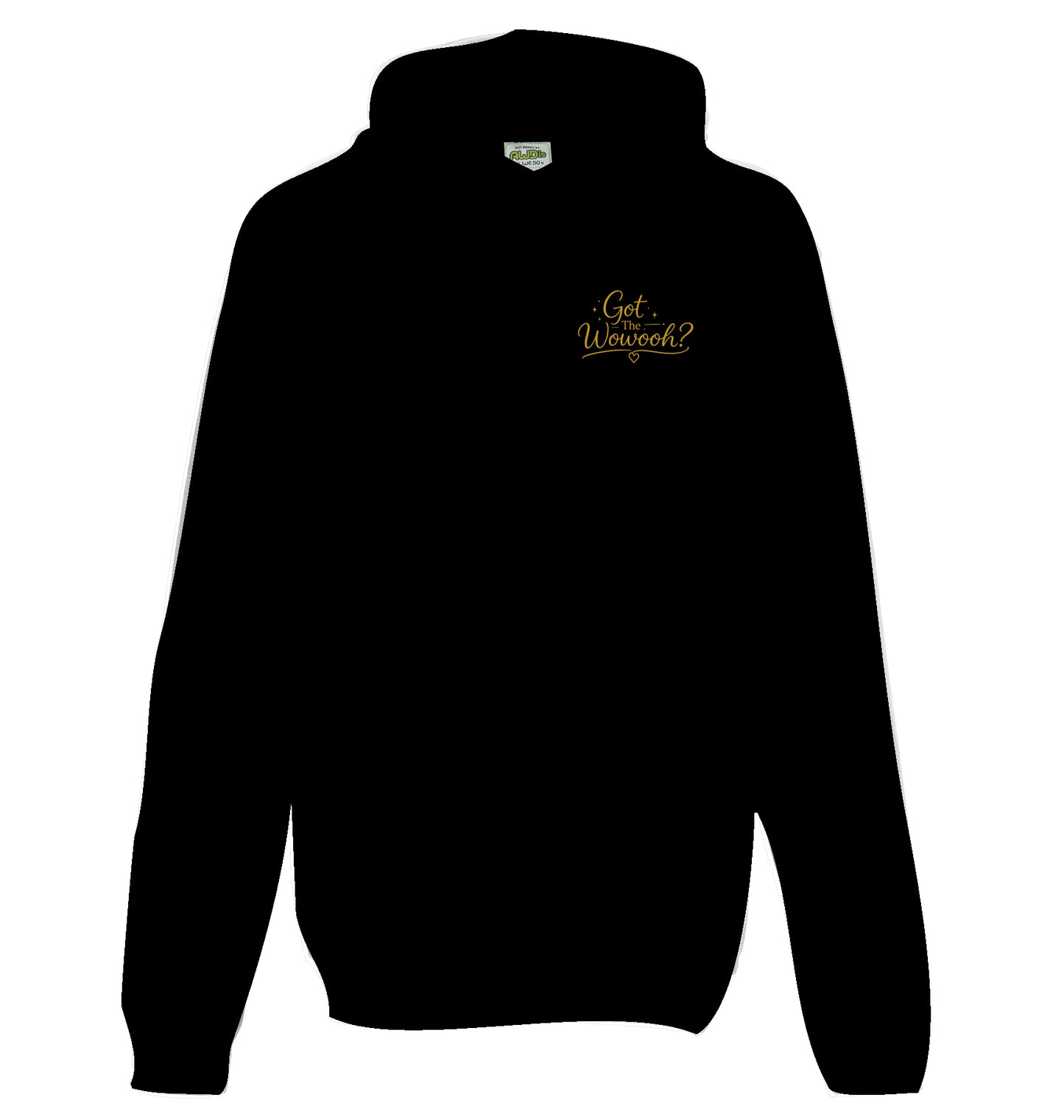 Tief schwarzer Unisex-Hoodie von Hoofphysics mit kleinem goldfarbenem Got-the-Wowooh-Motiv auf der Brust