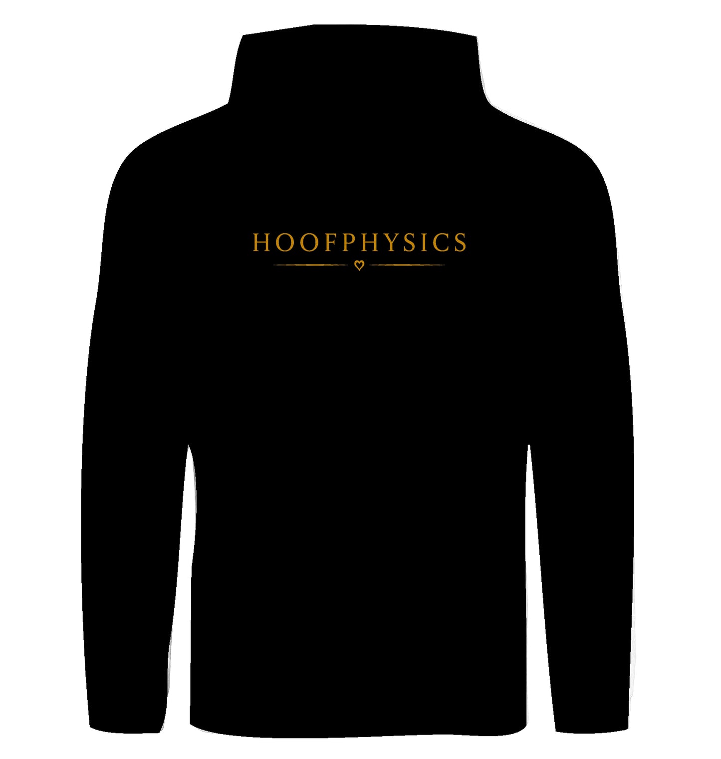 Tief schwarzer Unisex-Hoodie von Hoofphysics mit großem goldfarbenem Hoofphysics-Motiv auf dem Rücken
