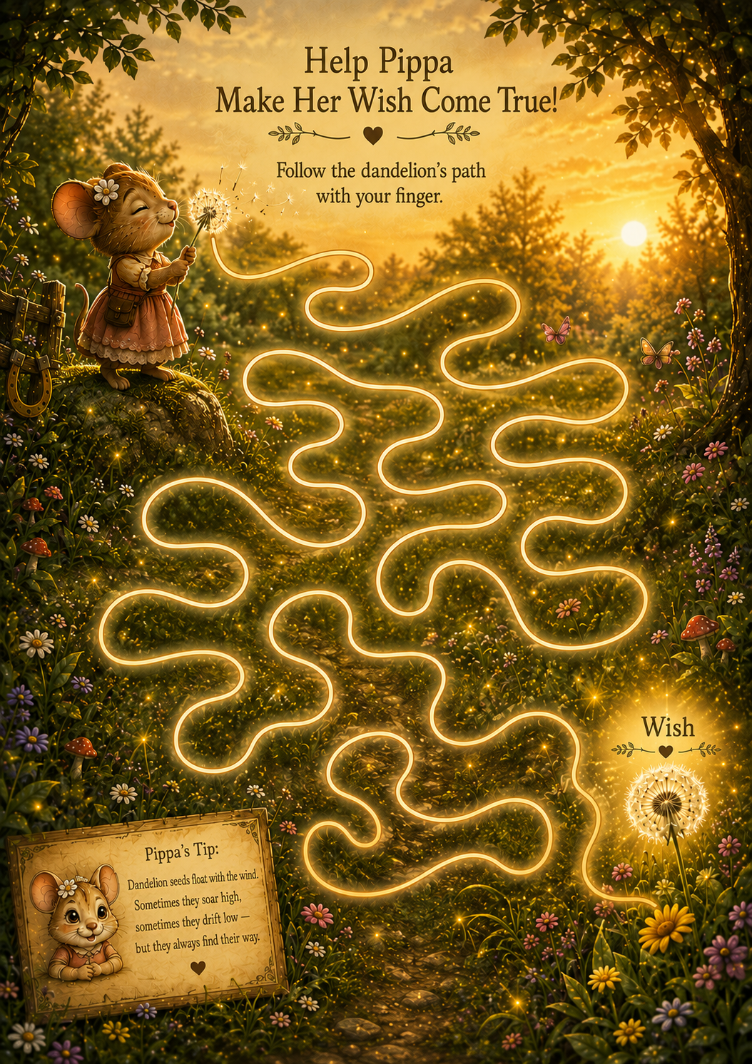 Pippa the little mouse blows a dandelion in an enchanted golden forest while a glowing winding path leads children toward her wish. 
