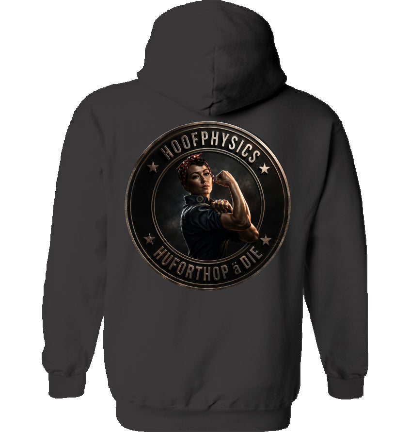 Schwarzer Hoofphysics Unisex-Hoodie mit großem rundem Badge und kraftvoller Frau als Rückenmotiv
