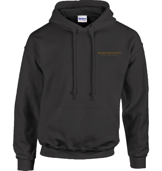 Schwarzer Unisex-Hoodie von Hoofphysics mit kleinem goldfarbenem Logo auf der linken Brust