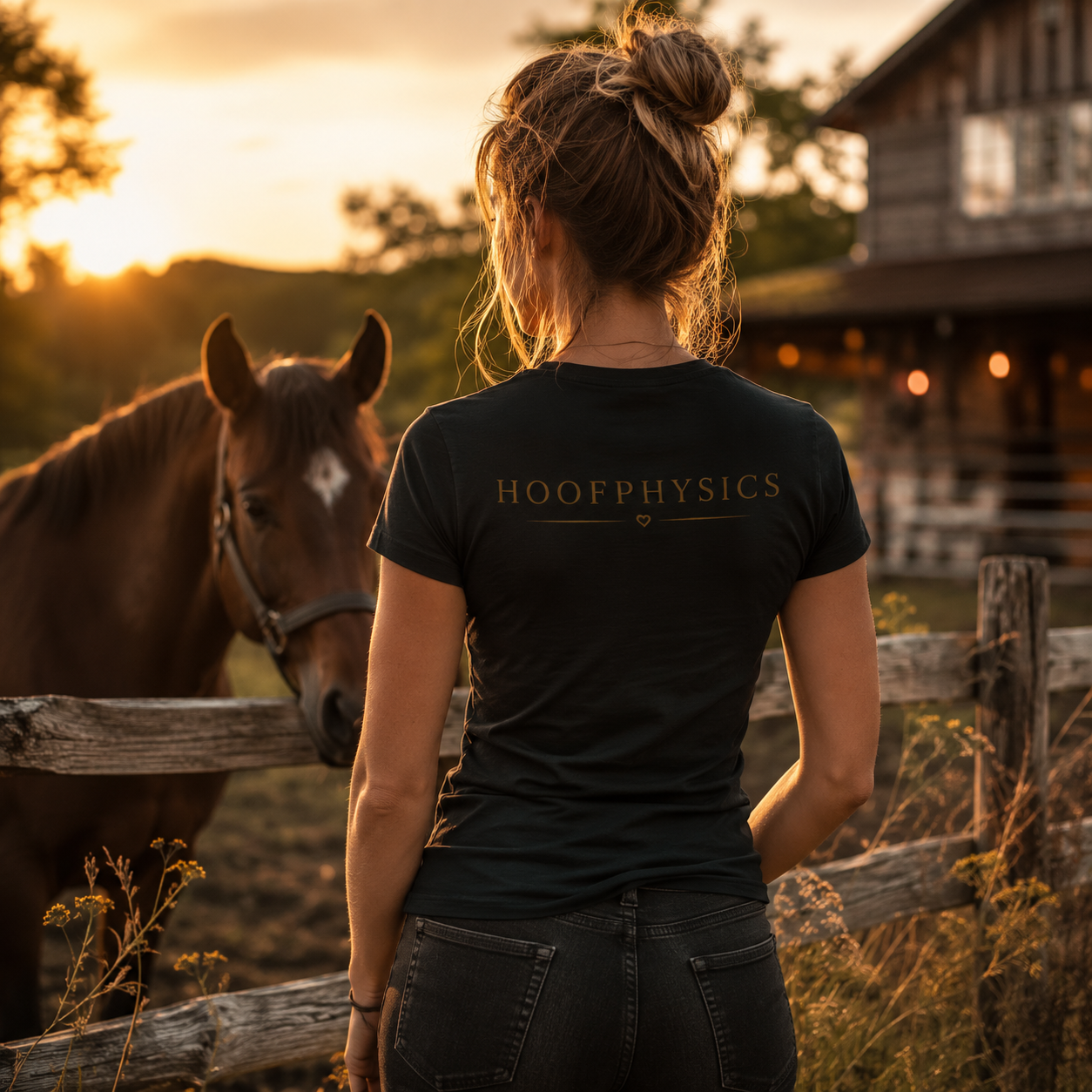 Frau trägt das Hoofphysics "Got the Wowooh?" T-Shirt bei einem Spaziergang am Pferdestall. 