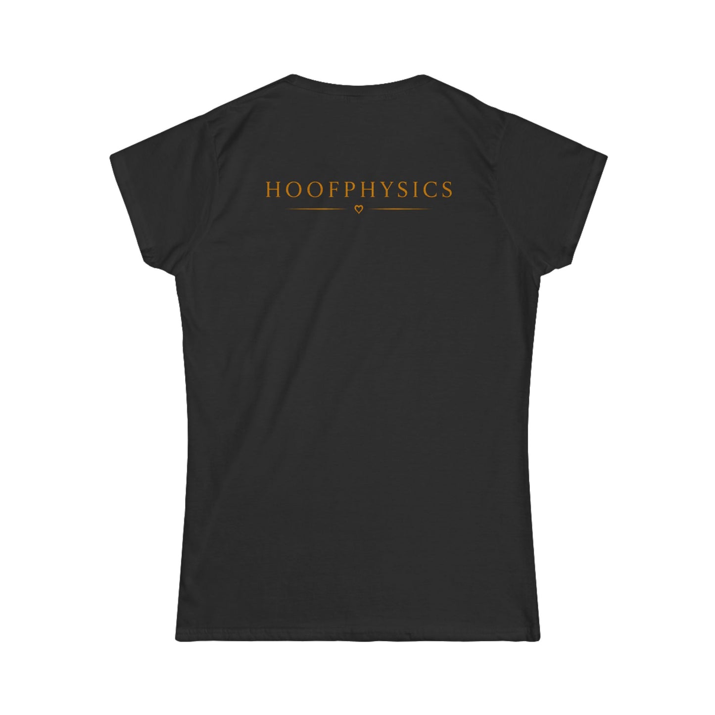 Rückseite eines schwarzen Hoofphysics Damen T-Shirts mit großem Hoofphysics Schriftzug 