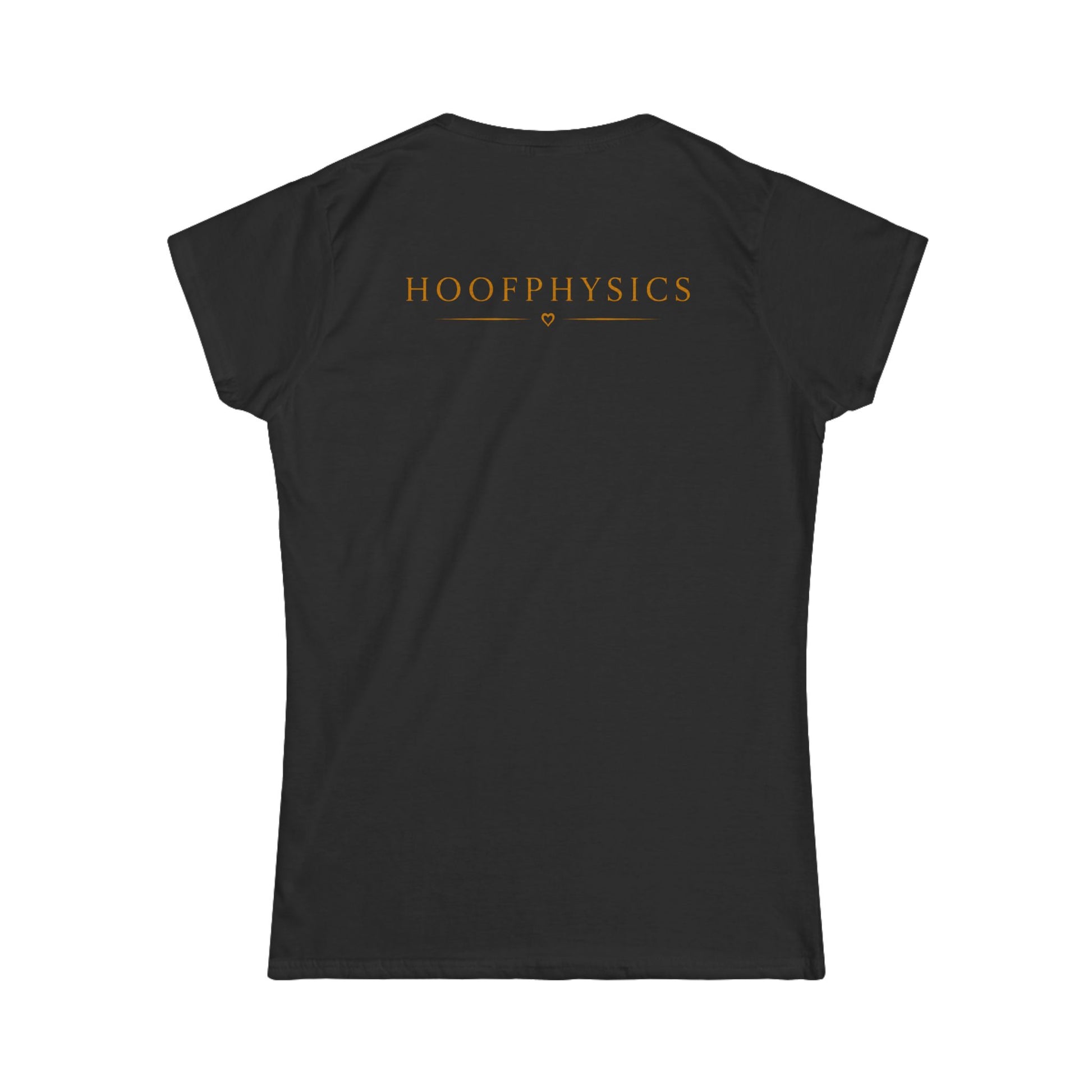 Rückseite eines schwarzen Hoofphysics Damen T-Shirts mit großem Hoofphysics Schriftzug 