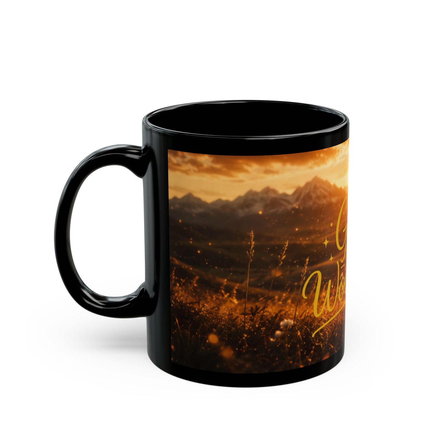 Schwarze Keramiktasse „Got the Wowooh?“ mit goldenem Sonnenaufgang aus der Wowooh Collection von Hoofphysics.