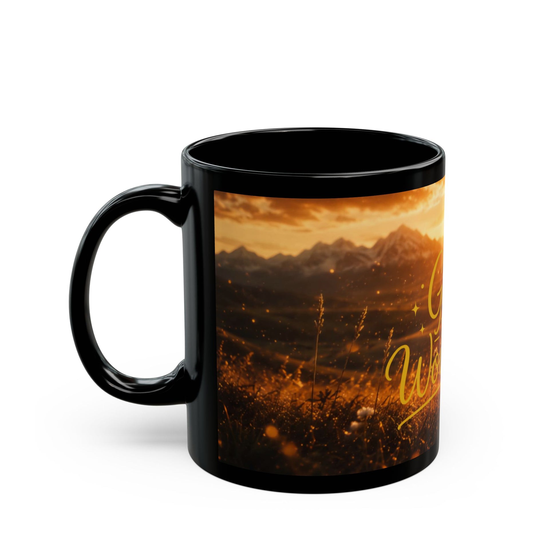 Schwarze Keramiktasse „Got the Wowooh?“ mit goldenem Sonnenaufgang aus der Wowooh Collection von Hoofphysics.