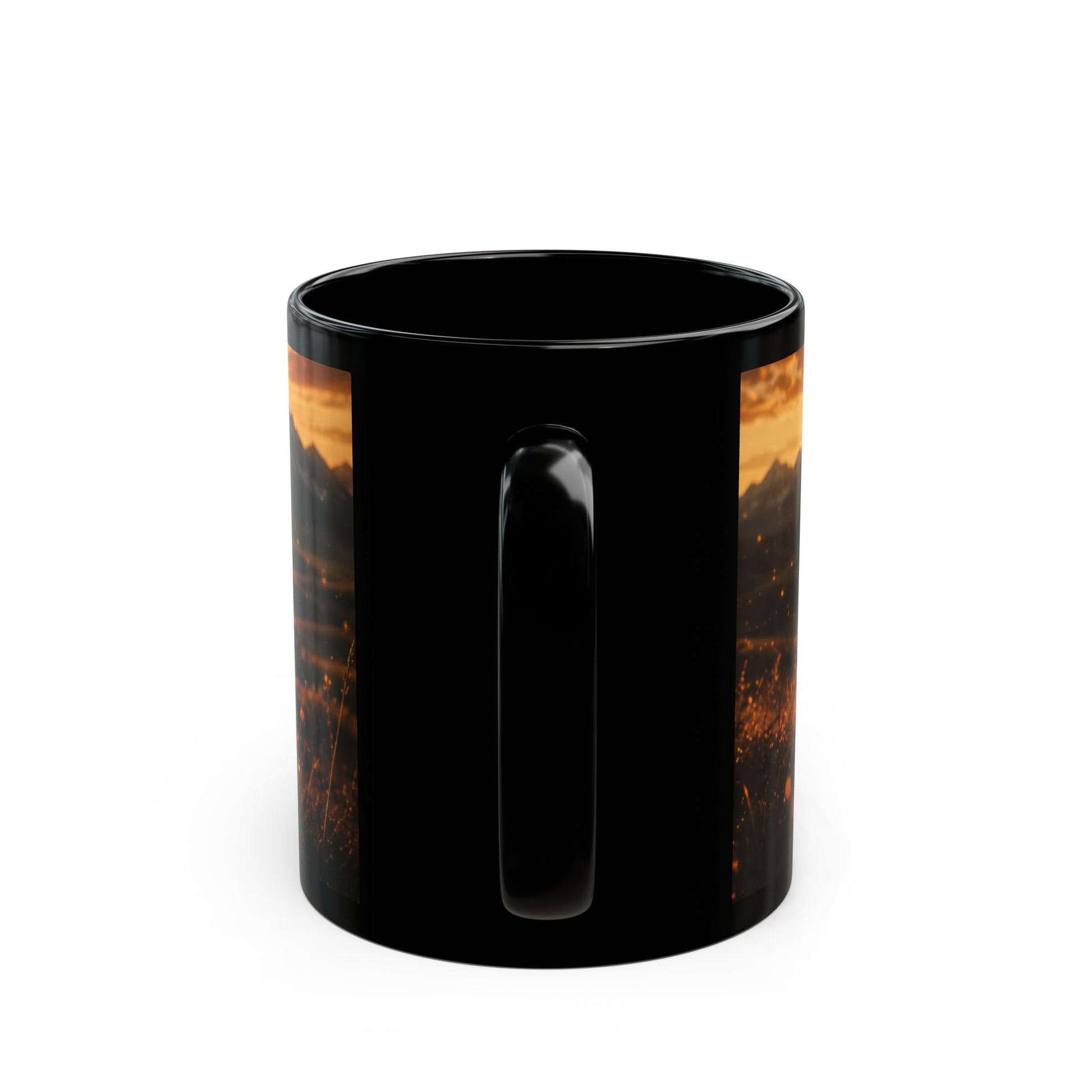 Schwarze Keramiktasse „Got the Wowooh?“ mit goldenem Sonnenaufgang aus der Wowooh Collection von Hoofphysics.