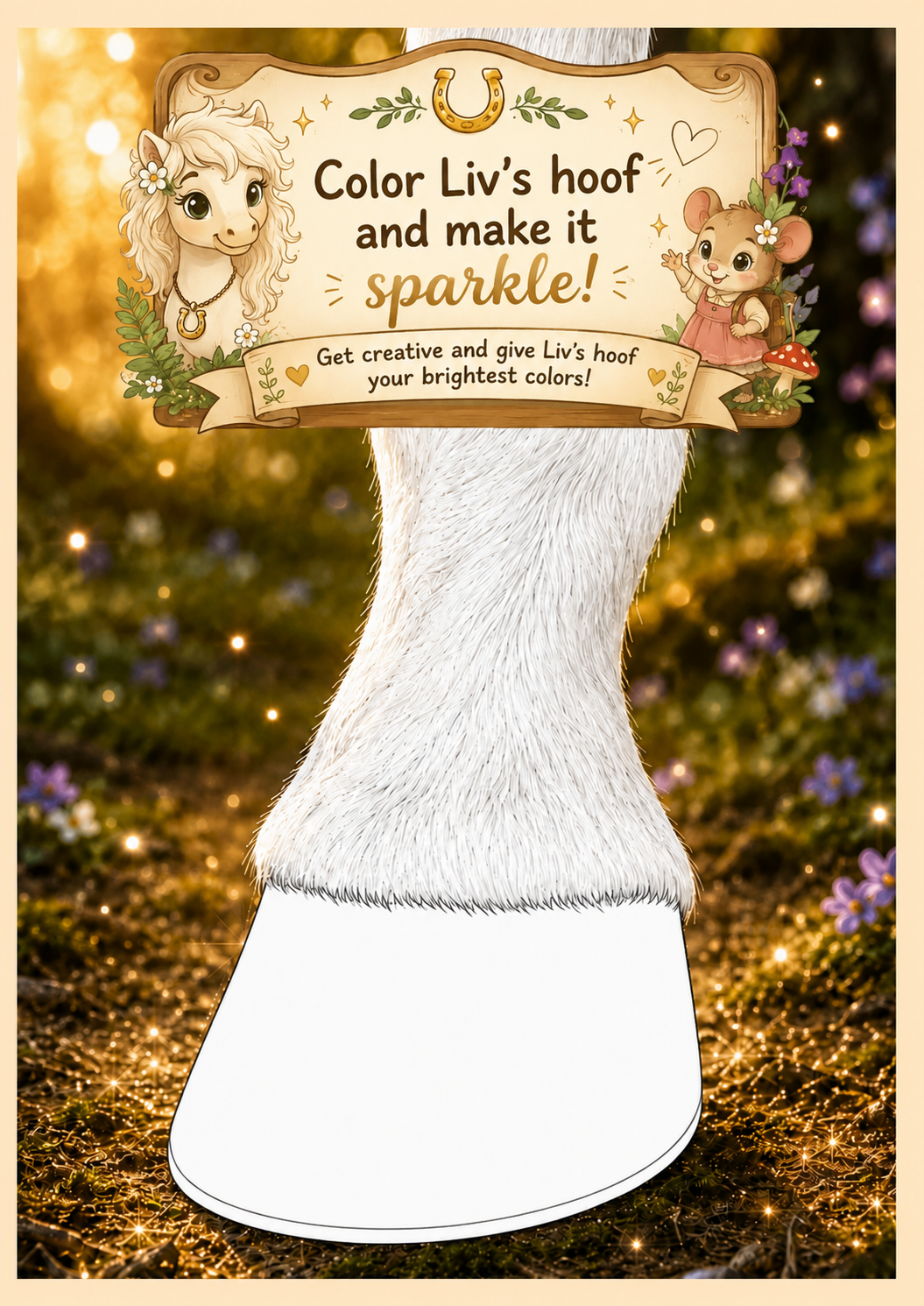 Magical Hoofphysics Kids coloring activity featuring Liv and Fips in the Enchanted Forest, with a large blank white hoof ready to be colored and decorated. 