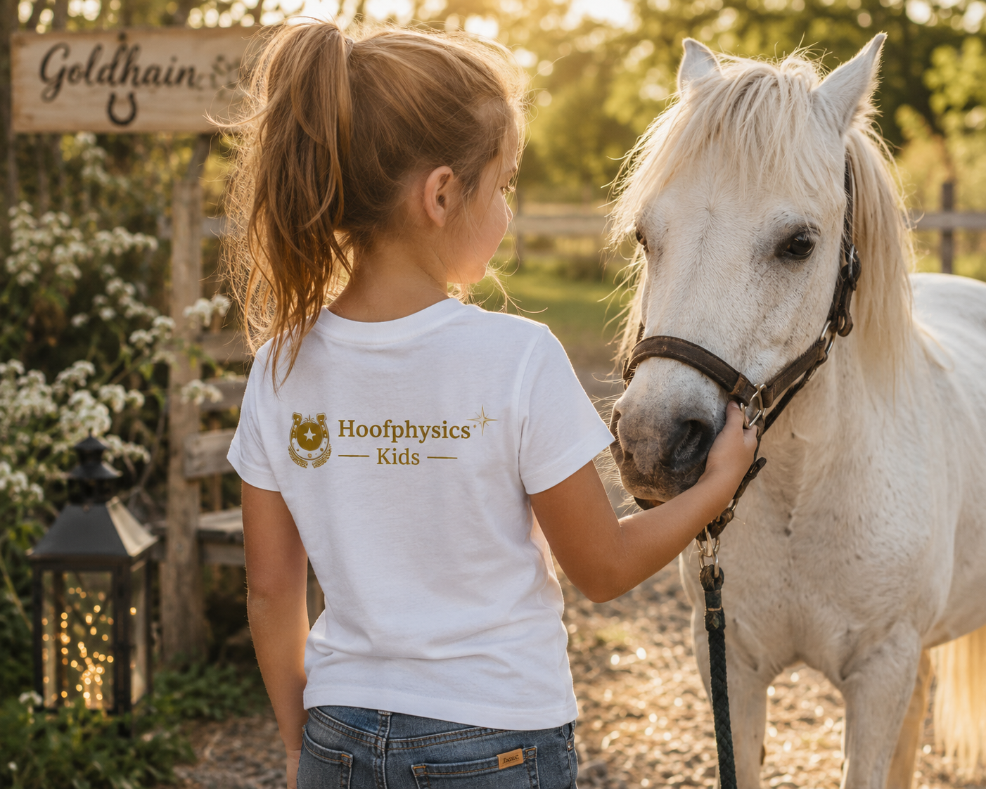 Kind mit weißem Hoofphysics Kids T-Shirt streichelt ein Pony im warmen Abendlicht vor dem Goldhain-Schild.