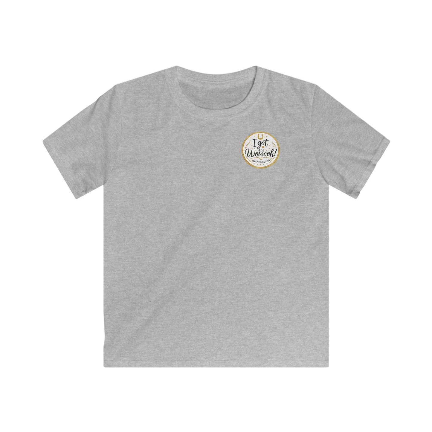 Graues Hoofphysics Kids Kinder-T-Shirt mit kleinem "I got the Wowooh!" Logo auf der Brust
