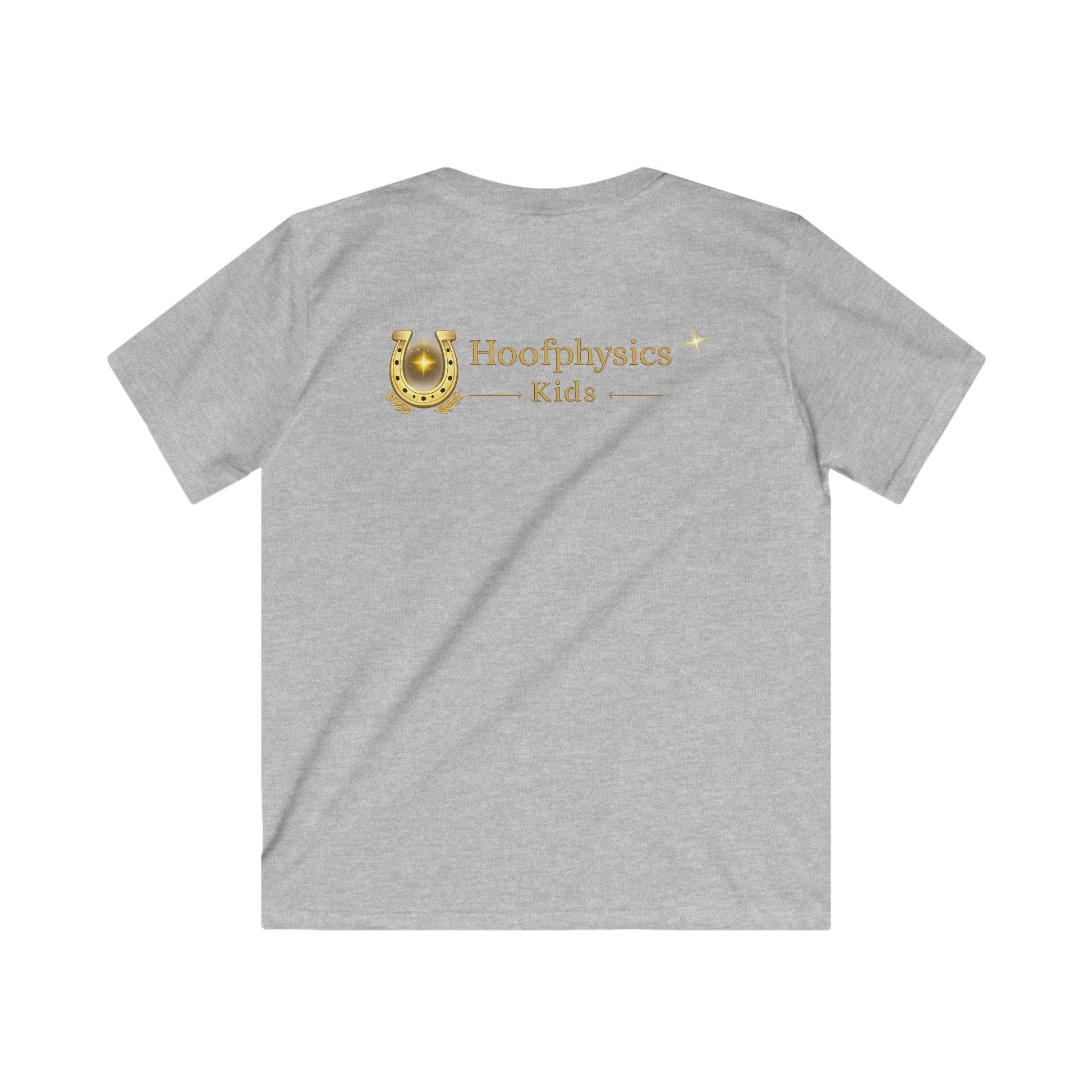 Rückseite eines grauen Hoofphysics Kids Kinder-T-Shirts mit großem goldenen Hoofphysics Kids Logo