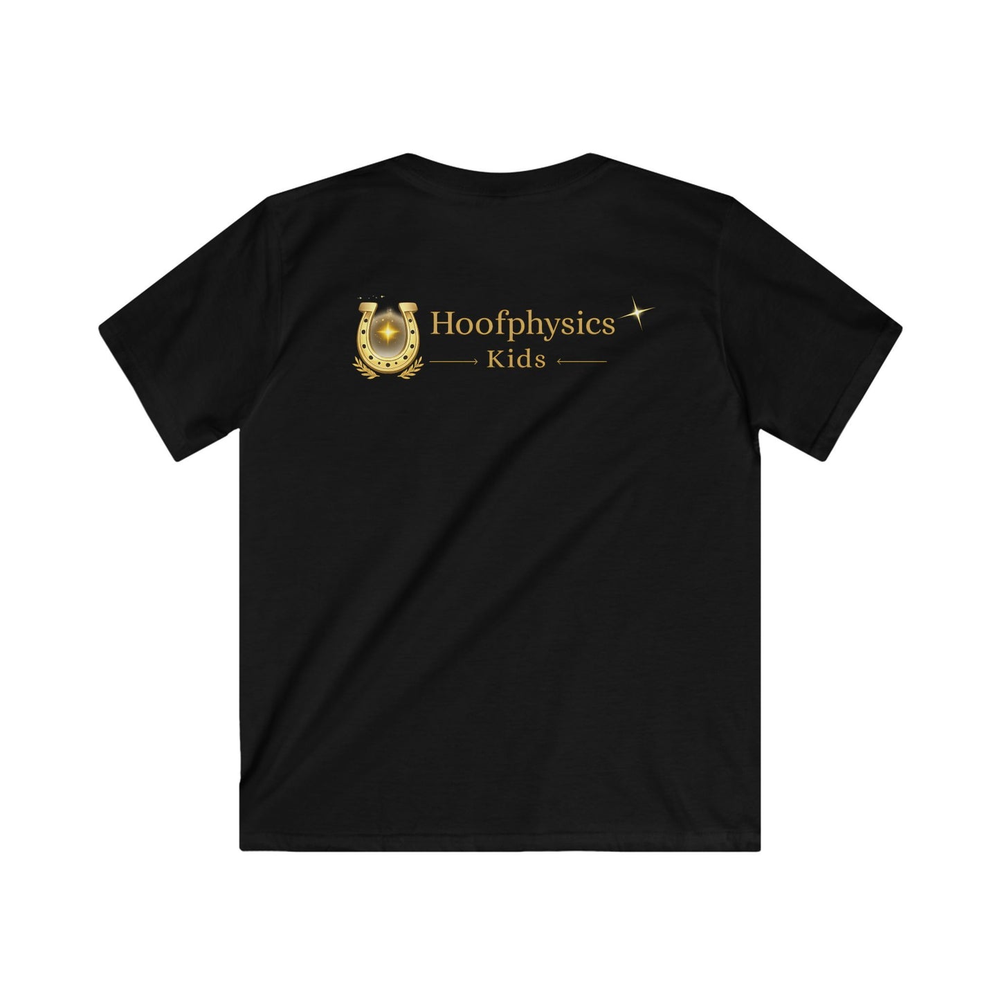 Rückseite eines schwarzen Hoofphysics Kids Kinder-T-Shirts mit großem goldenen Hoofphysics Kids Logo