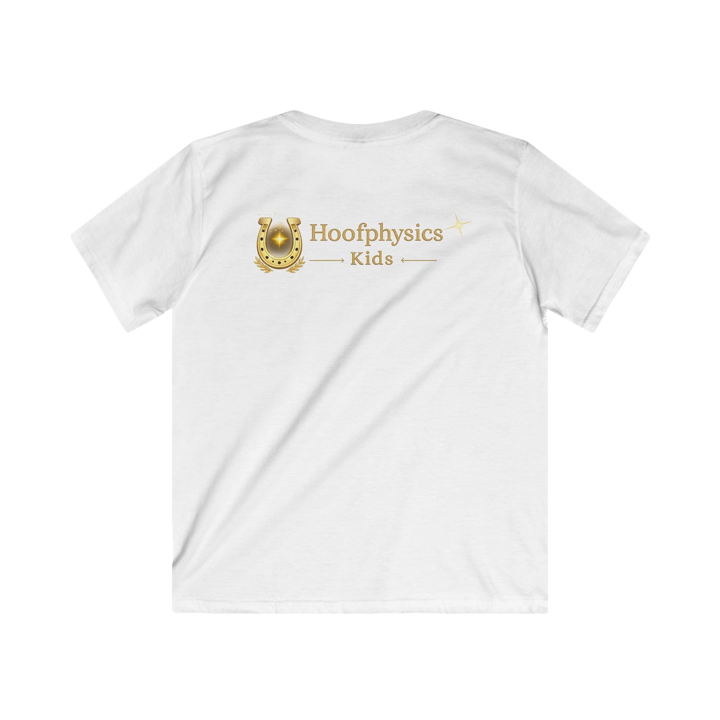 Rückseite eines weißen Hoofphysics Kids Kinder-T-Shirts mit großem goldenen Hoofphysics Kids Logo.