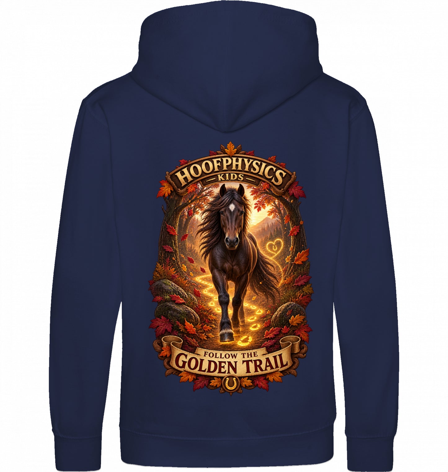 Hoofphysics Kids Pferde-Hoodie blau mit großem herbstlichem Rückenmotiv, dunklem Pferd und leuchtender goldener Hufspur