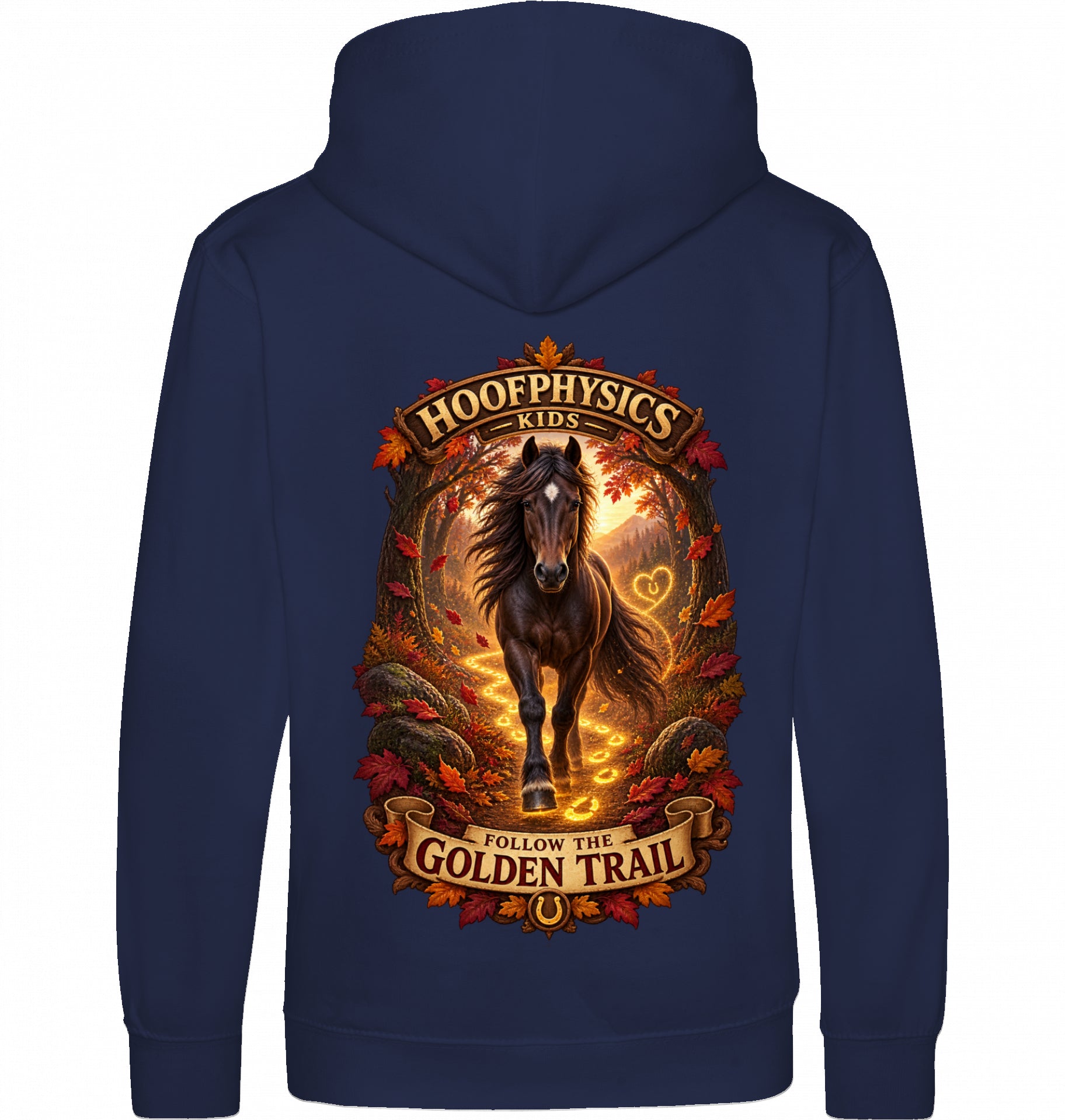 Hoofphysics Kids Pferde-Hoodie blau mit großem herbstlichem Rückenmotiv, dunklem Pferd und leuchtender goldener Hufspur
