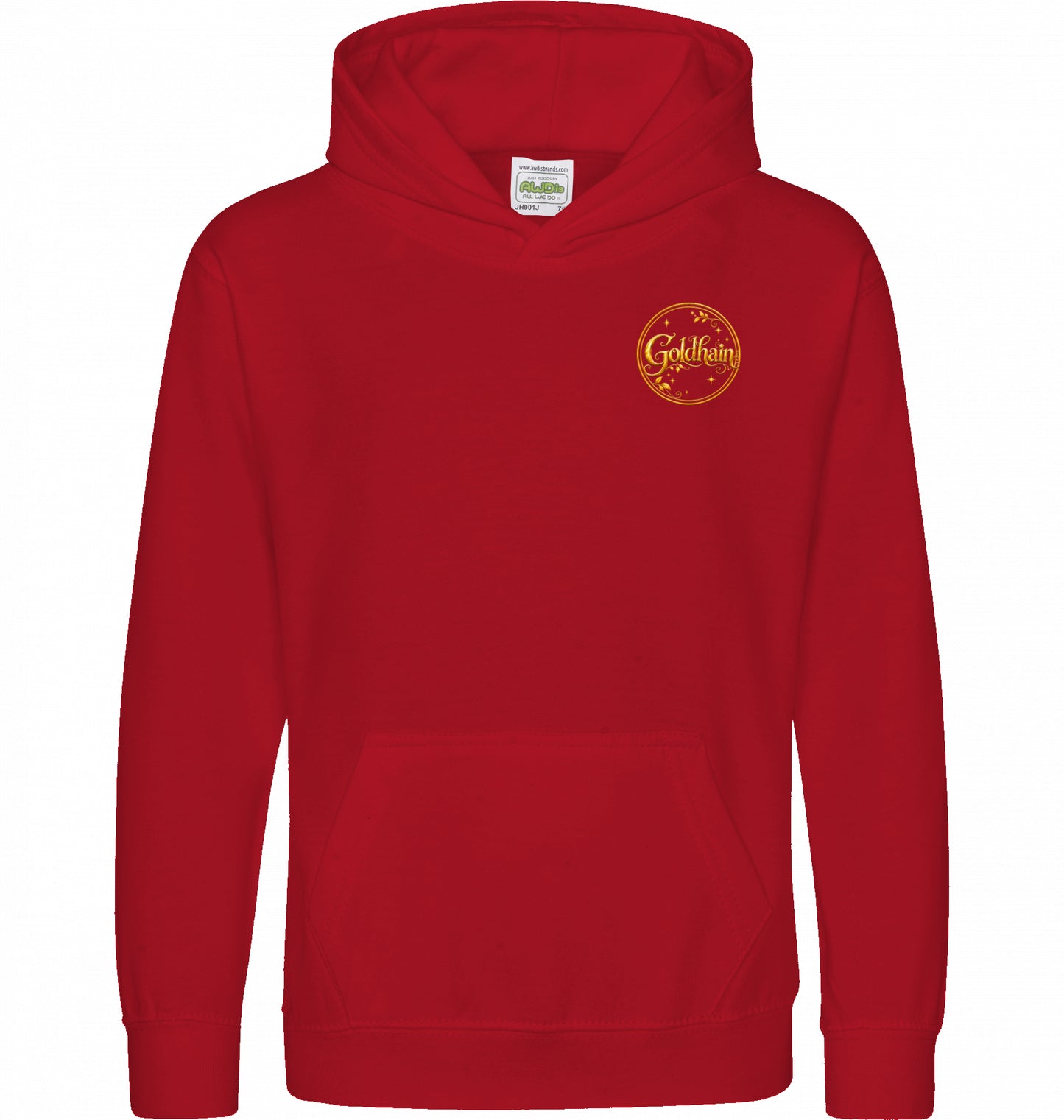 Kinder-Pferde-Hoodie von Hoofphysics  in rotmit kleinem goldfarbenem Hoofphysics-Detail auf der Vorderseite