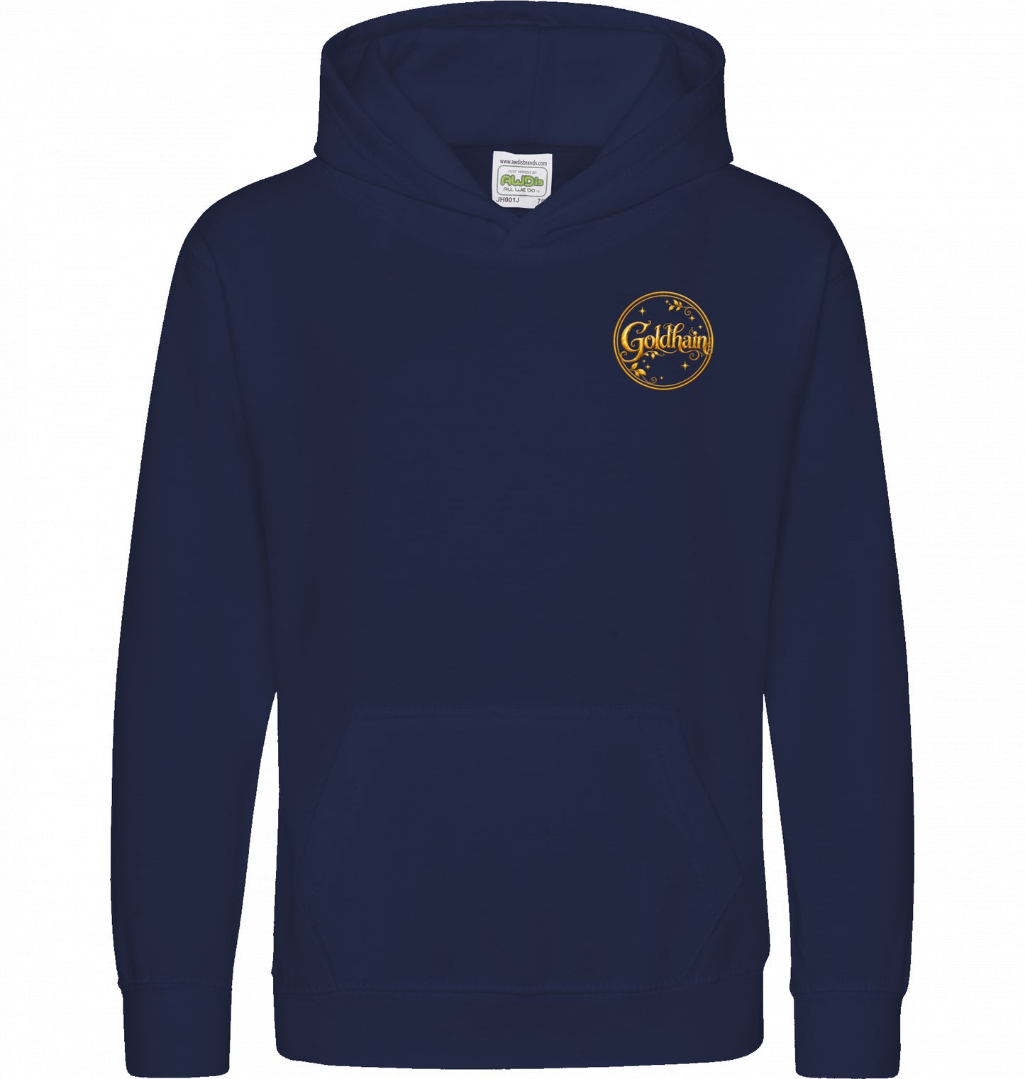 Kinder-Pferde-Hoodie von Hoofphysics in blau mit kleinem goldfarbenem Hoofphysics-Detail auf der Vorderseite