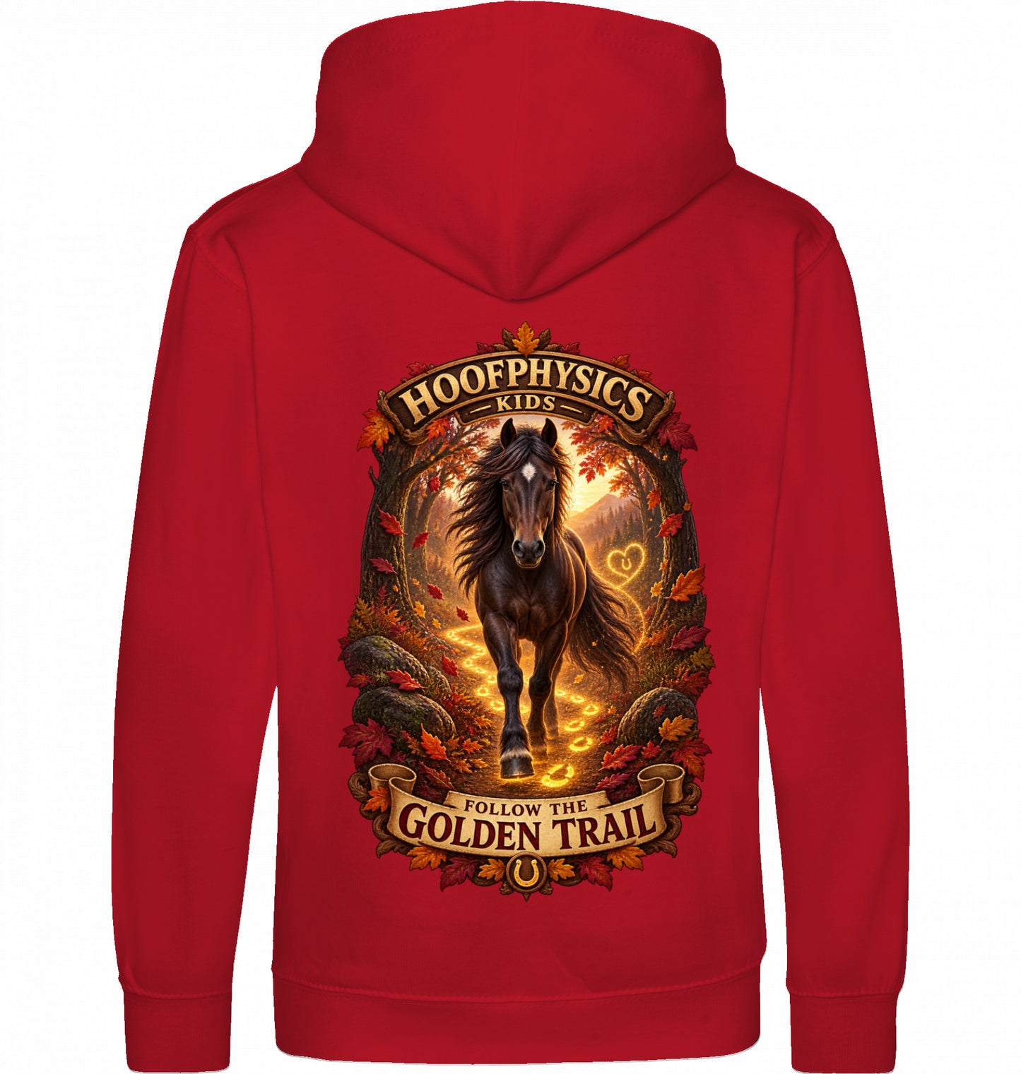 Hoofphysics Kids Pferde-Hoodie in rot mit großem herbstlichem Rückenmotiv, dunklem Pferd und leuchtender goldener Hufspur