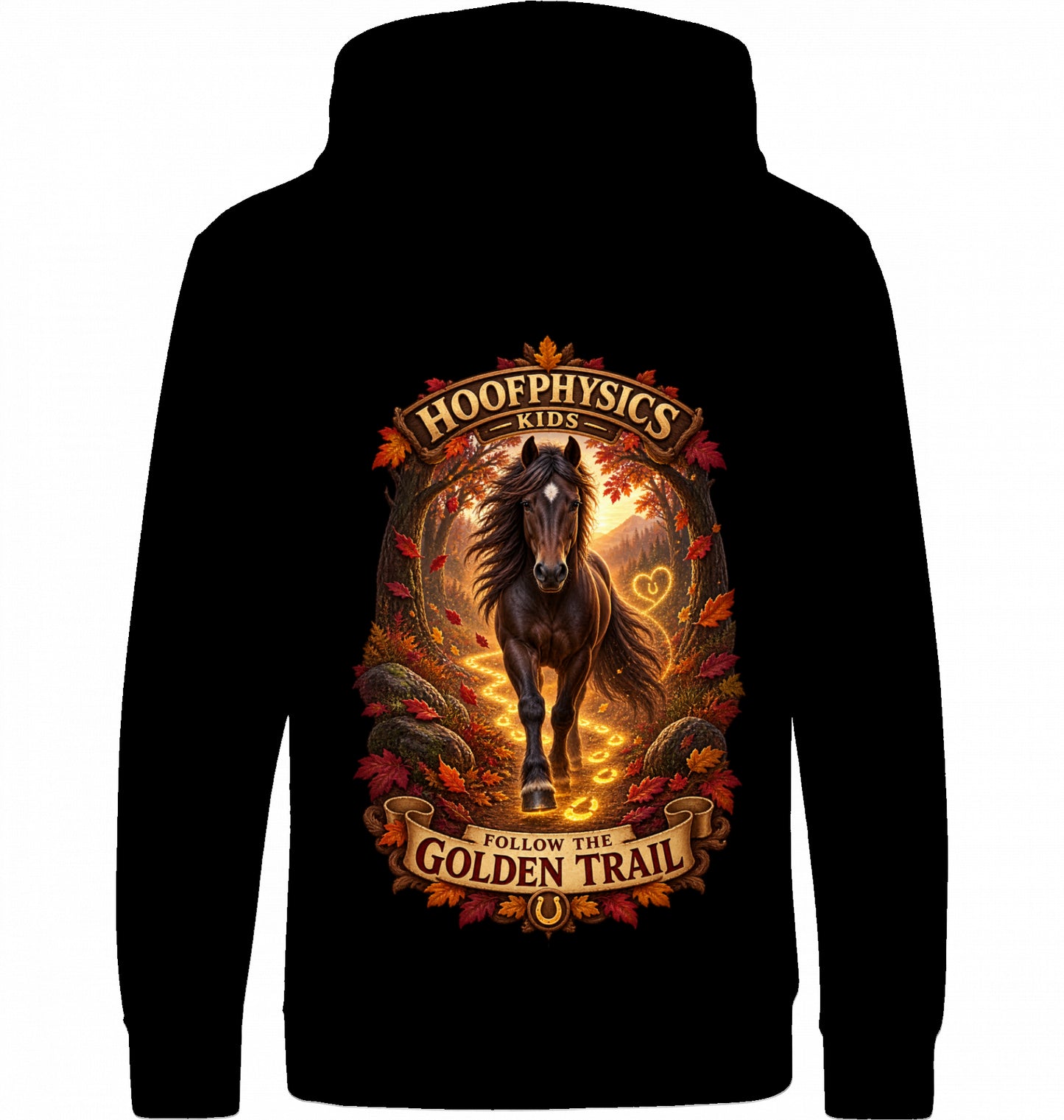 Hoofphysics Kids Pferde-Hoodie mit großem herbstlichem Rückenmotiv, dunklem Pferd und leuchtender goldener Hufspur