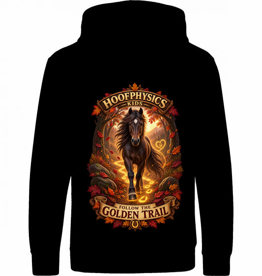 Hoofphysics Kids Pferde-Hoodie mit großem herbstlichem Rückenmotiv, dunklem Pferd und leuchtender goldener Hufspur