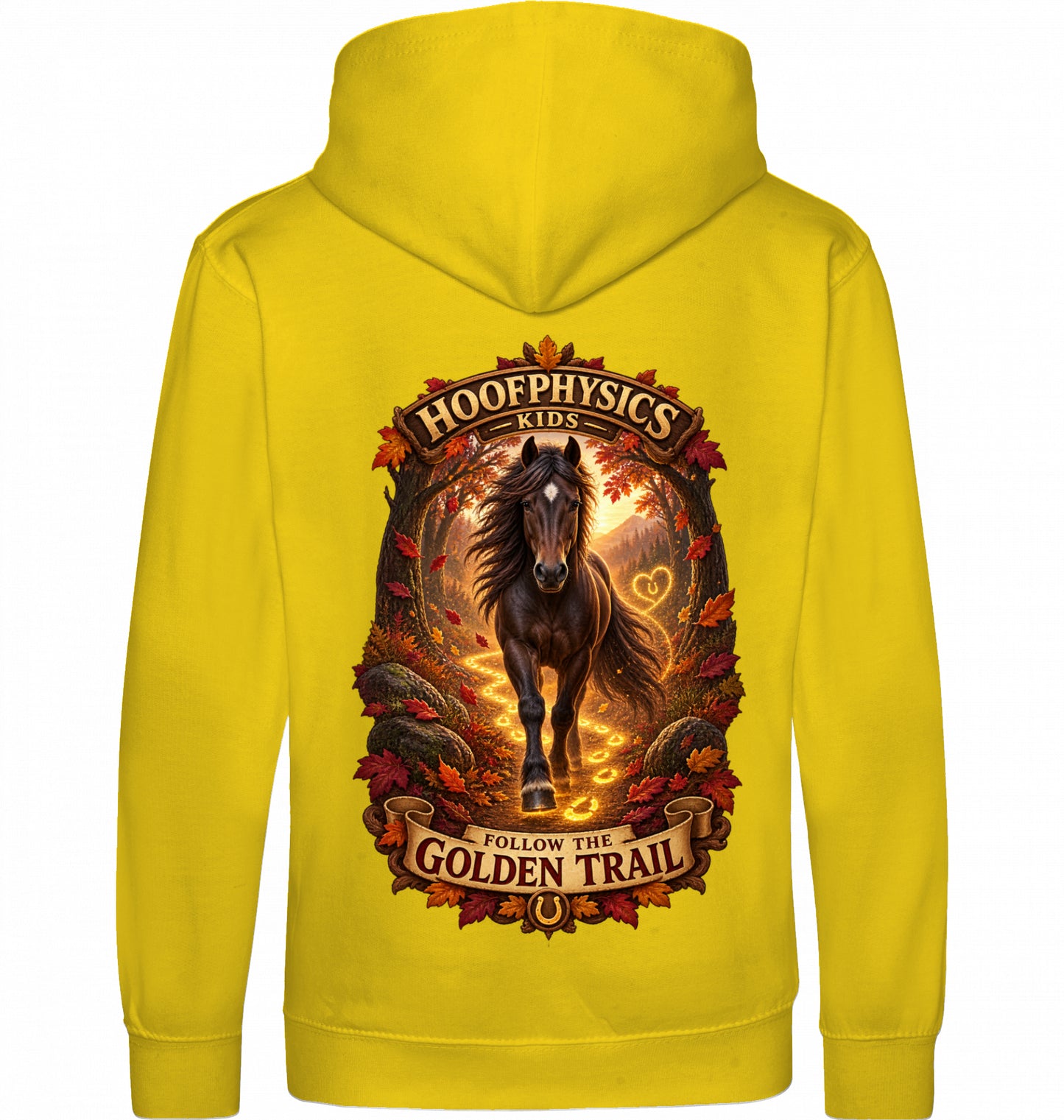 Hoofphysics Kids Pferde-Hoodie in gelb mit großem herbstlichem Rückenmotiv, dunklem Pferd und leuchtender goldener Hufspur