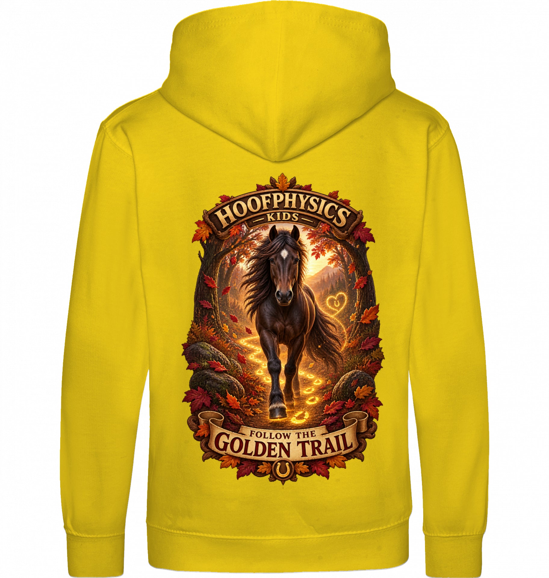 Hoofphysics Kids Pferde-Hoodie in gelb mit großem herbstlichem Rückenmotiv, dunklem Pferd und leuchtender goldener Hufspur