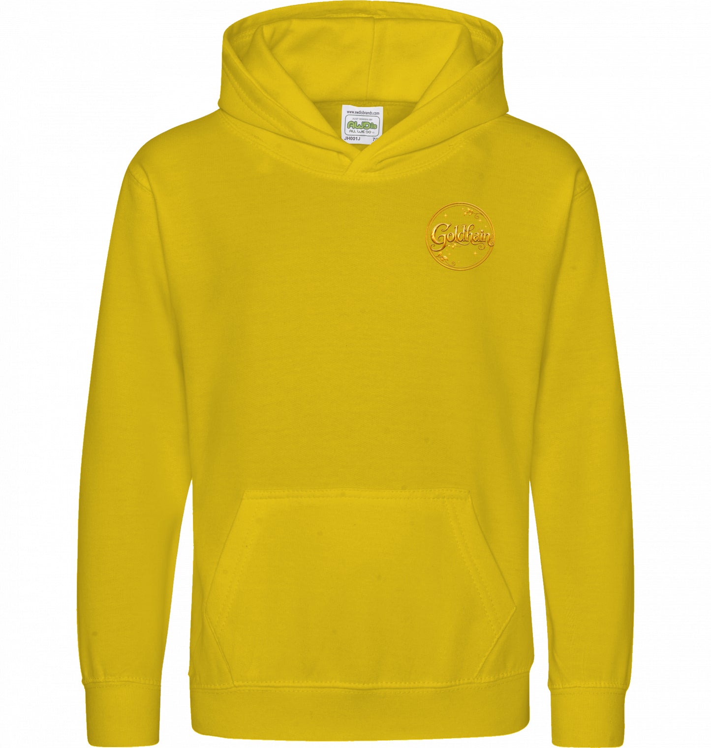 Kinder-Pferde-Hoodie von Hoofphysics  in gelb mit kleinem goldfarbenem Hoofphysics-Detail auf der Vorderseite