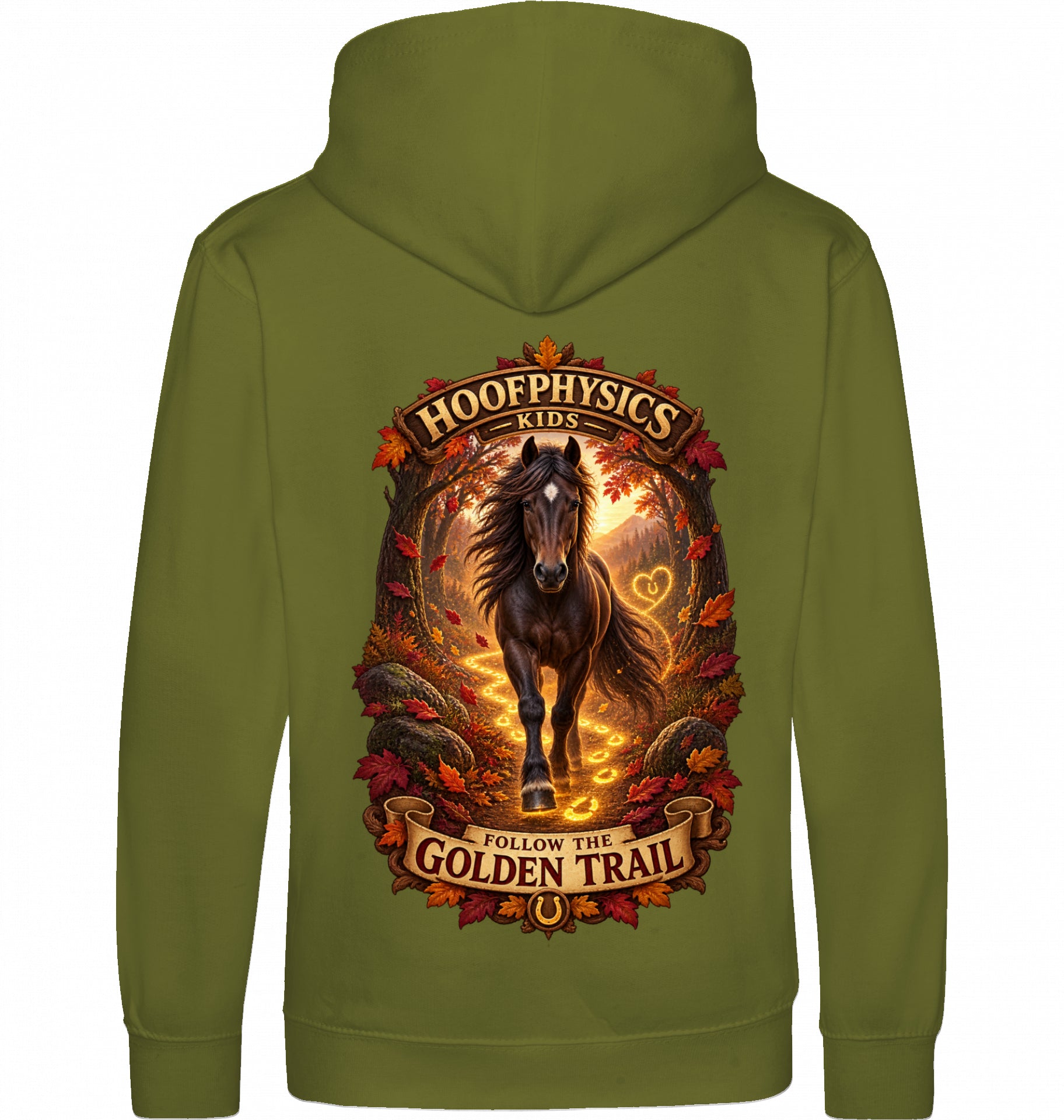 Hoofphysics Kids Pferde-Hoodie in khaki mit großem herbstlichem Rückenmotiv, dunklem Pferd und leuchtender goldener Hufspur