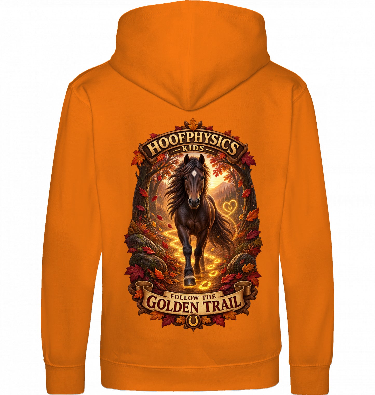Hoofphysics Kids Pferde-Hoodie in orange mit großem herbstlichem Rückenmotiv, dunklem Pferd und leuchtender goldener Hufspur