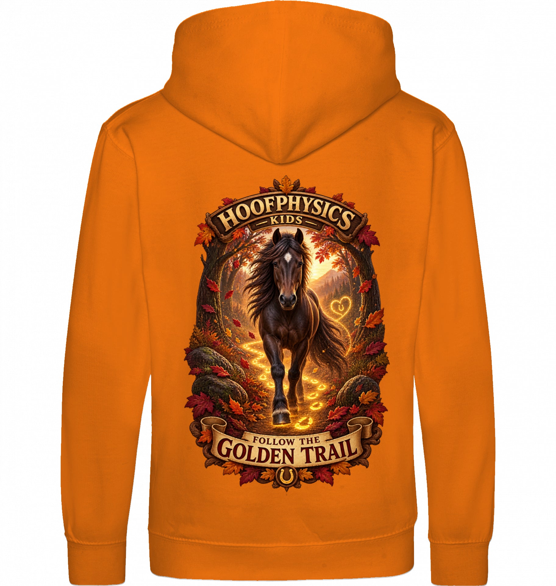 Hoofphysics Kids Pferde-Hoodie in orange mit großem herbstlichem Rückenmotiv, dunklem Pferd und leuchtender goldener Hufspur