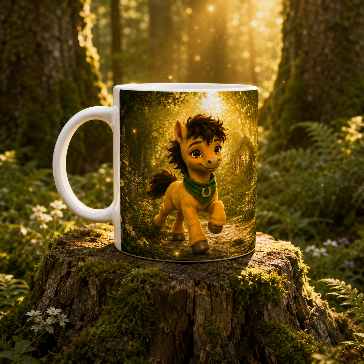 Milo Goldhain Tasse mit goldenem Fohlenmotiv auf einem moosbewachsenen Baumstumpf im warm leuchtenden magischen Wald. 
