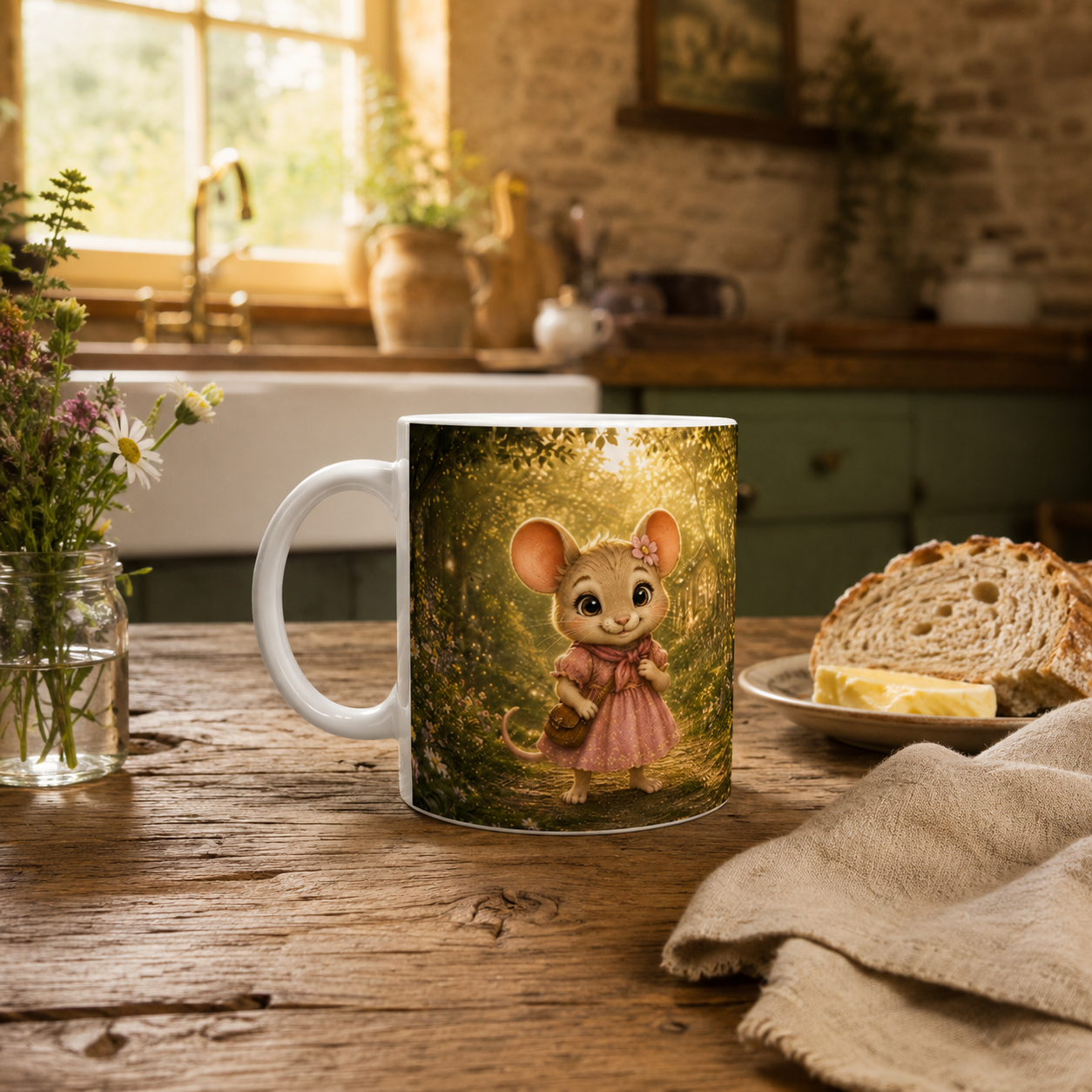 Pippa Goldhain Tasse auf einem rustikalen Holztisch beim Frühstück in einer gemütlichen irischen Cottage-Küche. 
