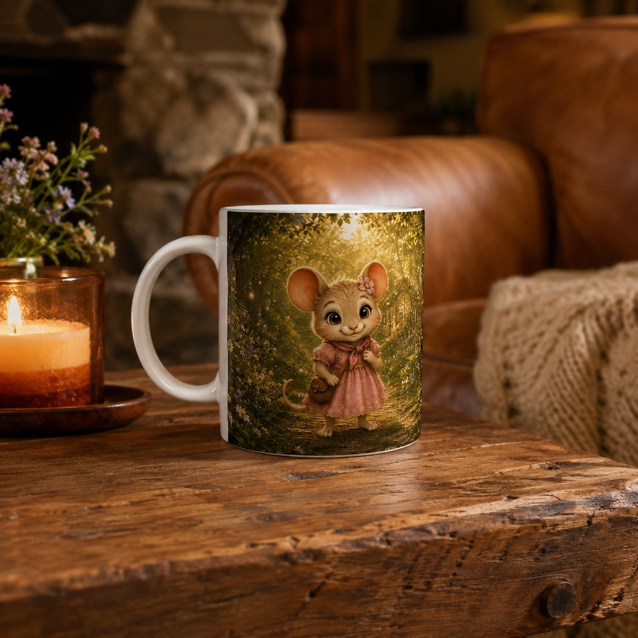 Pippa Goldhain Tasse auf einem rustikalen Wohnzimmertisch mit Kerze und hellbraunem Ledersessel im irischen Cottage-Stil. 
