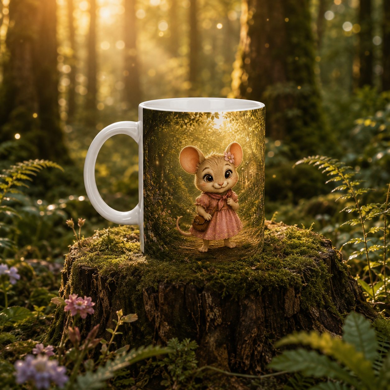 Pippa Goldhain Tasse mit niedlicher Maus im rosa Kleid auf einem moosbewachsenen Baumstumpf im magischen Wald. 
