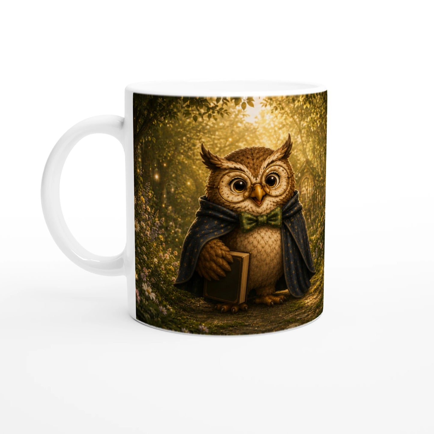 Weiße Professor-Eule-Goldhain-Tasse mit Eulenmotiv, Buch und Umhang in einem leuchtenden magischen Wald.